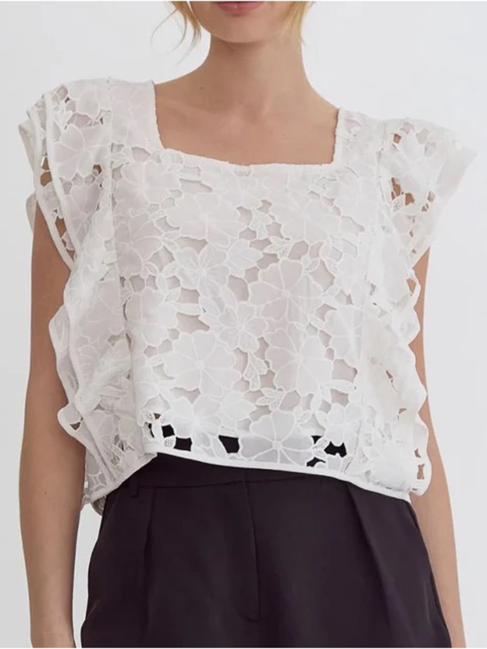 Mod On Trend Pristine White Cotton Floral Lace Square Neck Blouse